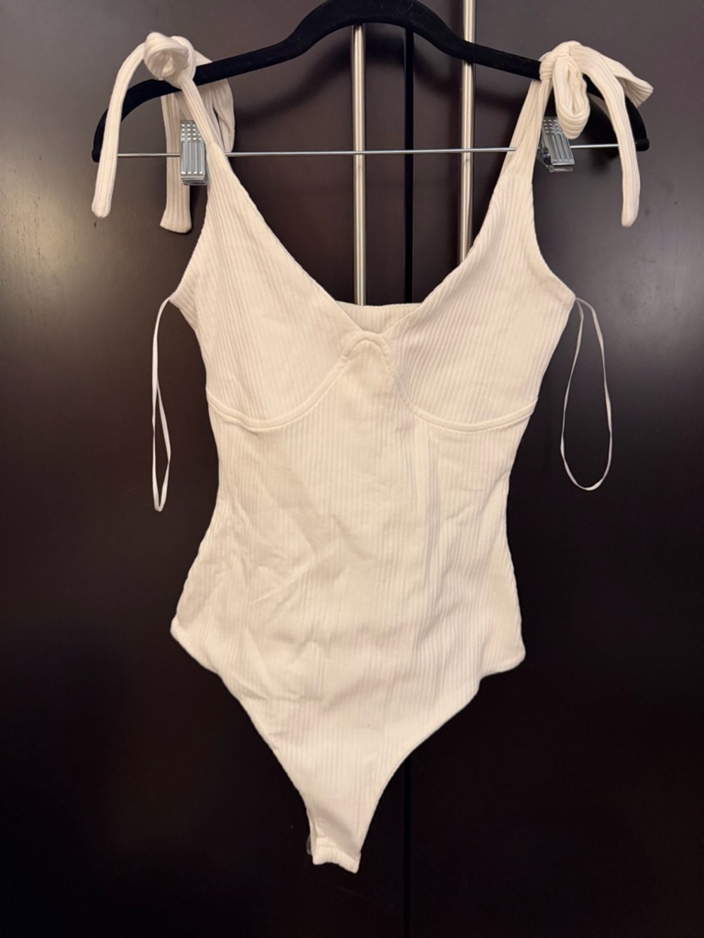 Princess Polly  Cream Ribbed Bodysuit Tie Straps